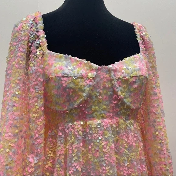 Selkie- Rainbow Sequin Princess Gown Size XS 3/4 Sleeve Sweetheart Maxi Dress - Picture 4 of 16